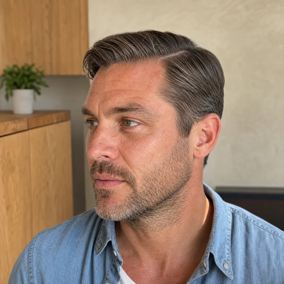 Classic scissor cut with a side part at The Blade Room